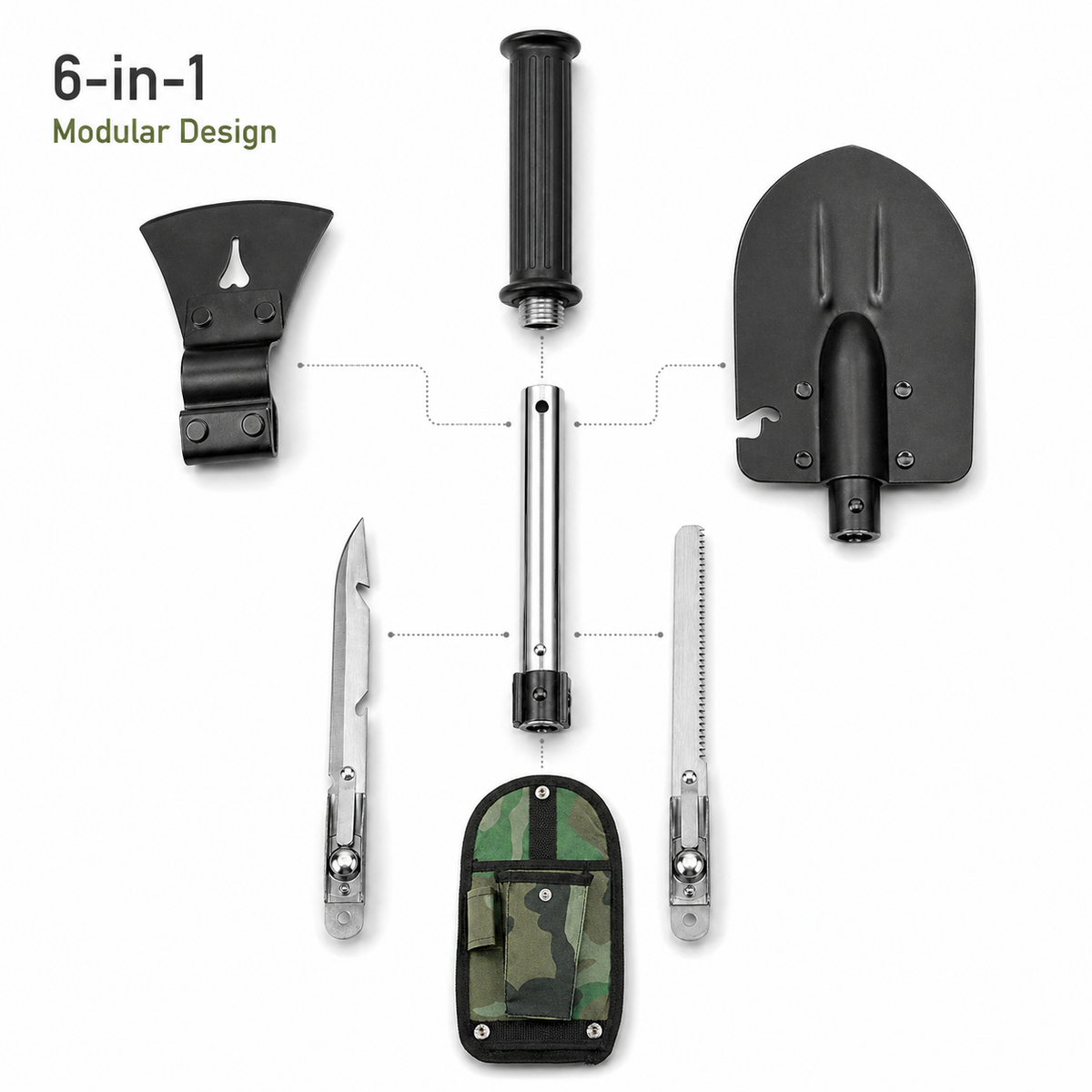 6-in-1 Multi Tool Survival Kit Shovel Knife Axe Saw Nail Puller w/ Pouch Outdoor Gear Camping
