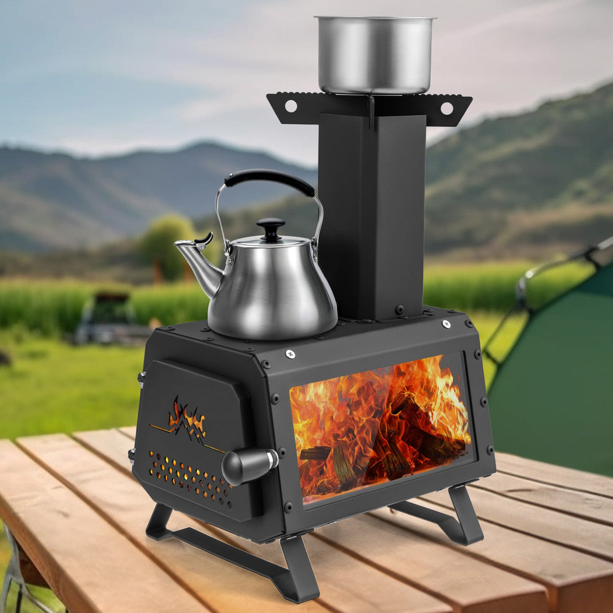 Patented Portable Wood Camping Burning Stove Heater with 2 Cooking Positions