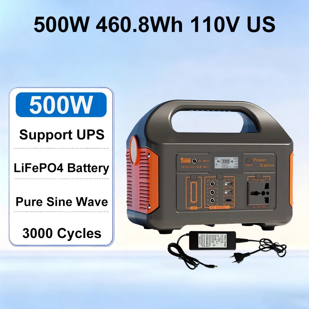 500W 300W Portable Power Station 460.8Wh LiFePO4 Battery Charging Station 110V Solar Generator Emergency Power Bank for Camping Travel