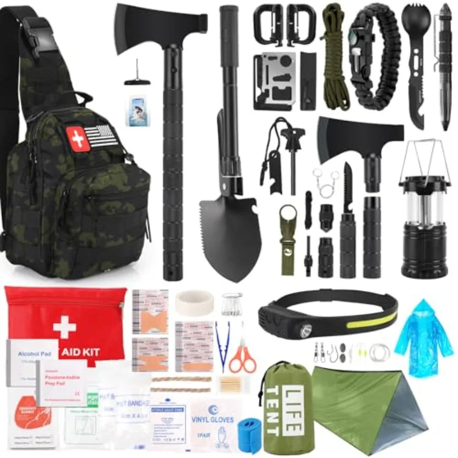 Survival Kit 268 Pcs Emergency Survival Gear and Equipment Supplies with First Aid Kit Hiking, Camping, Axe, Headlamp with Crossbody Bag.