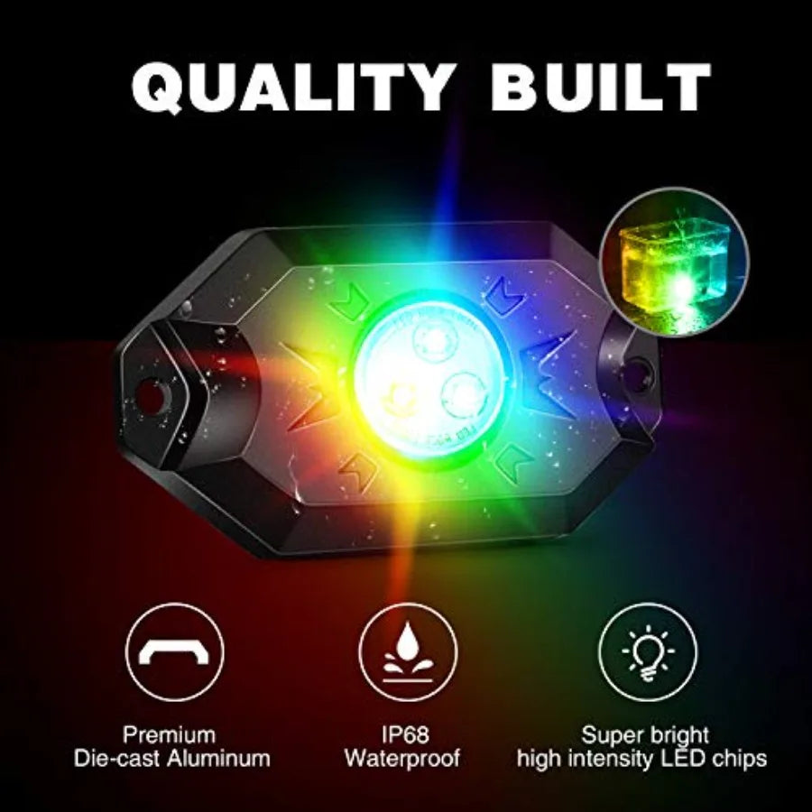 RGB LED Rock Lights Kit with 4 Pods for Truck,  ATV/UTV, RZR or SUV Under Glow Multicolor Neon Light Pod Featuring Bluetooth App Control.