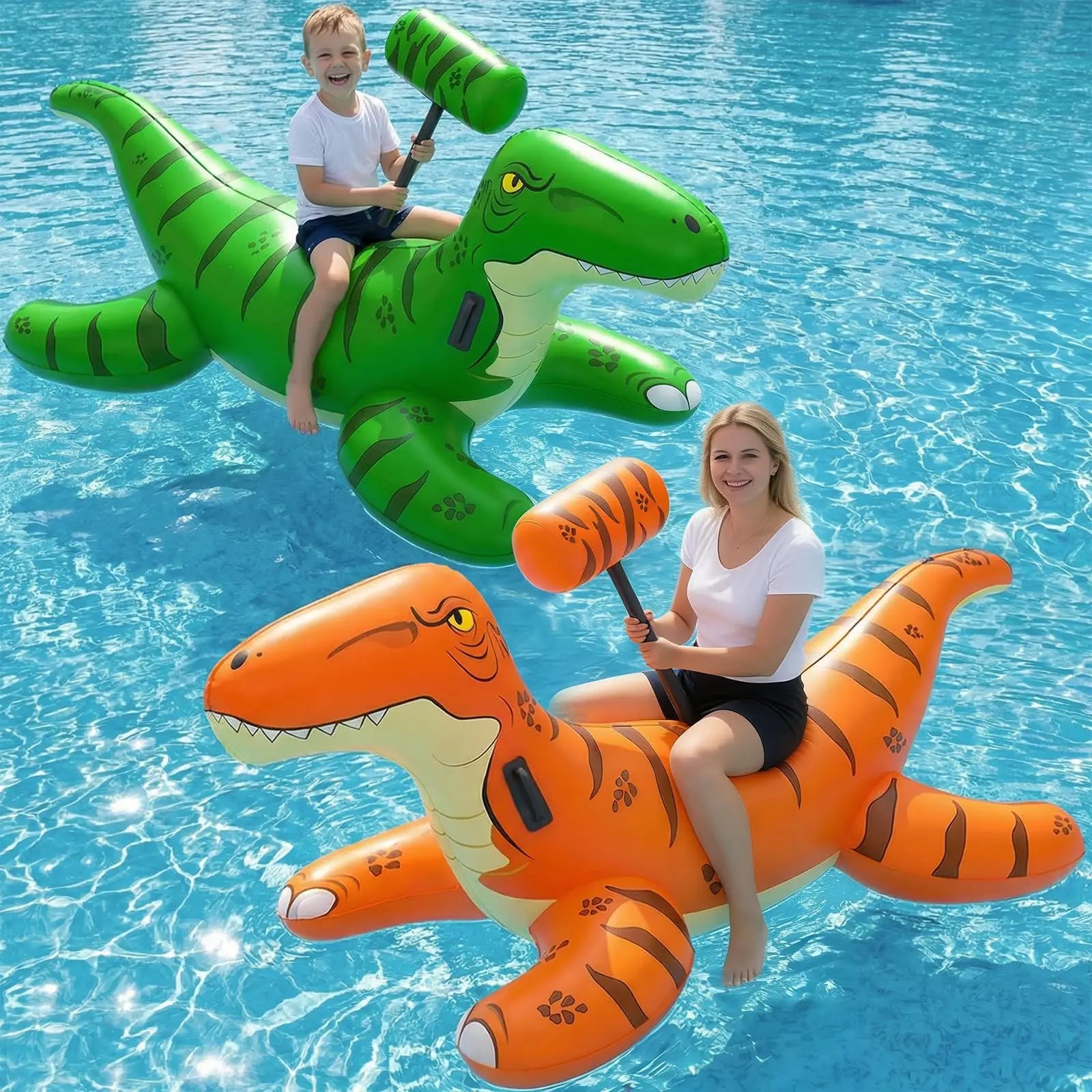 Pool Games Toys Floats -2Pack Inflatable Dinosaur Pool Floats with Blow Up Toy Hammers Ride on Pool Floaties for Kids,, Teens, Adults Lounge Raft, Summer Lake Beach Party Decorations.