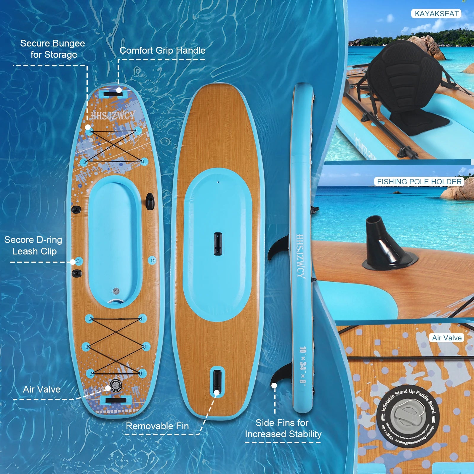 10' Inflatable Stand Up Paddle Board Kayak, 34'' Extra Wide w/Seat.
