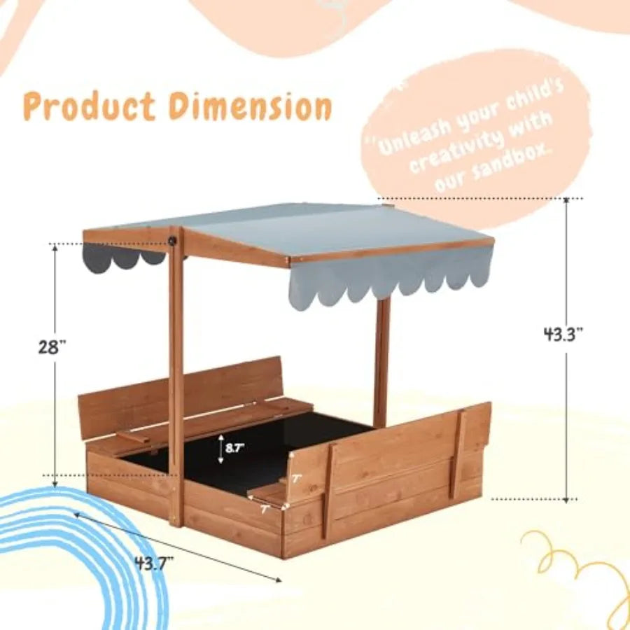 Outdoor wooden sandbox with lid for kids ages 2-8 natural wood finish UV-resistant adjustable roof foldable benches bottom line