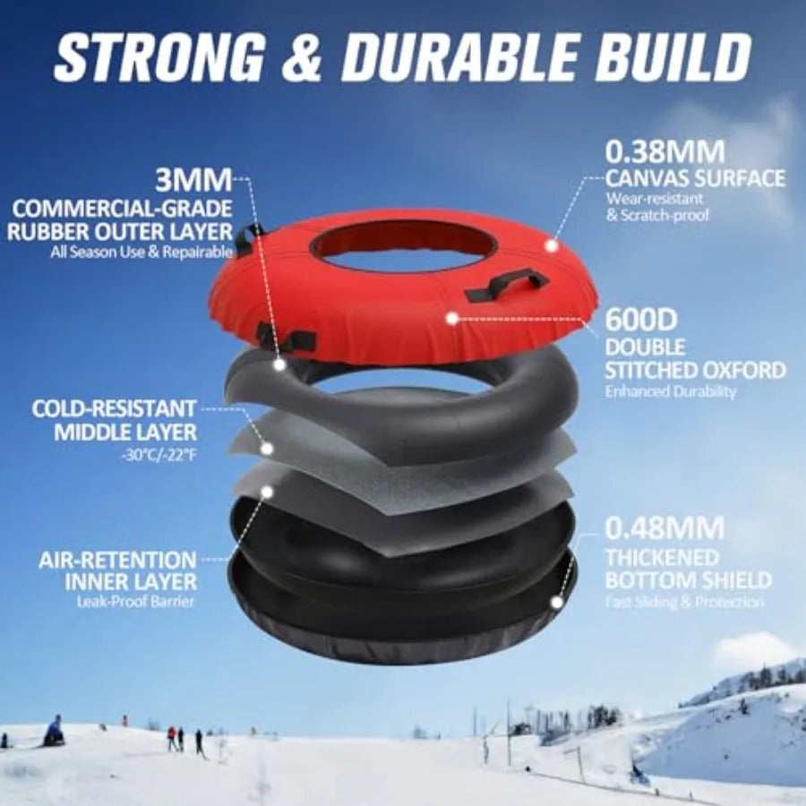 Snow Tube, 45'' Rubber Snow Tubes with Commercial Grade Canvas Cover for Kids & Adults, Inflatable Heavy Duty Snow Sled Thickened Bottom.