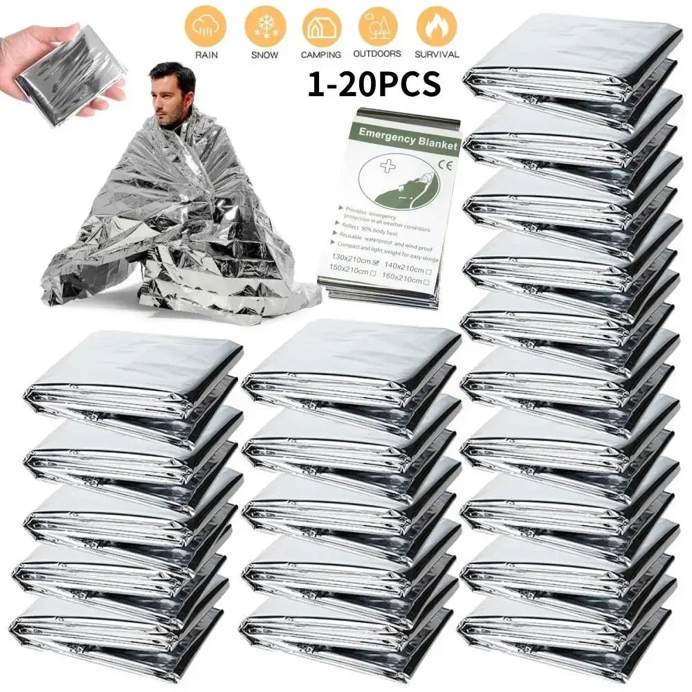 20PCS Outdoor Emergency Blanket, Survival First Aid Kit, Windproof Insulation, Lifesaving Foil Thermal Rescue Blanket