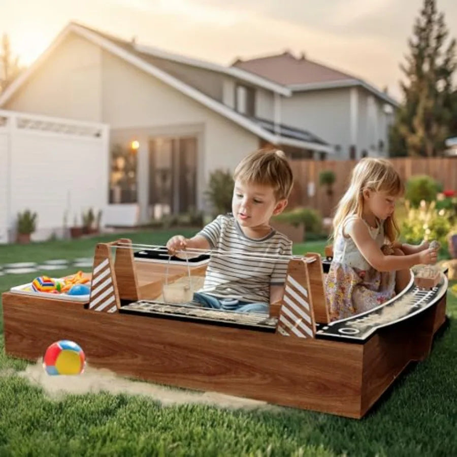 Outdoor backyard cedar wood sandbox for kids with sand play theme brown color includes 2 toy buckets 3 reinforced benches magne