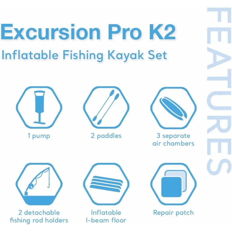 68309EP Excursion Pro K2 Inflatable Kayak Set: Includes Deluxe 86in Kayak Paddles and High-Output Pump – Super Tough PVC