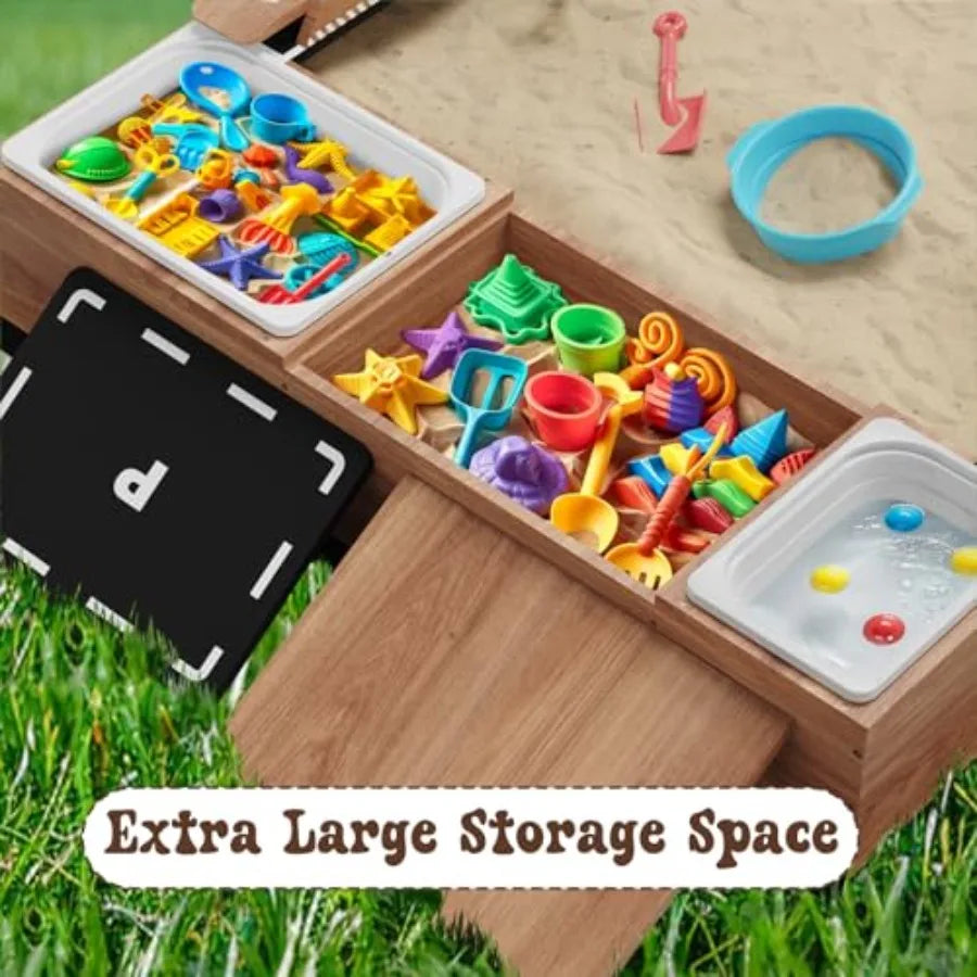 Outdoor backyard cedar wood sandbox for kids with sand play theme brown color includes 2 toy buckets 3 reinforced benches magne