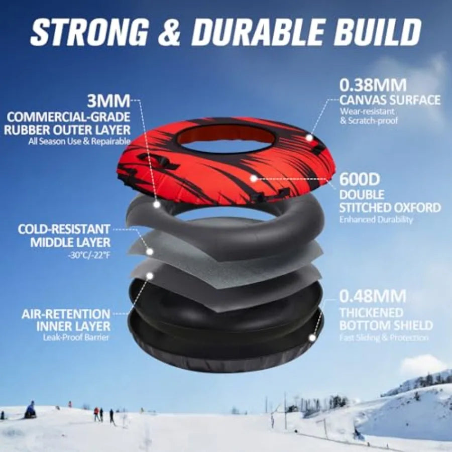 45'' Rubber Snow Tubes with Commercial Grade Canvas Cover for Kids & Adults, Inflatable Heavy Duty Snow Sled Thickened Hard Bottom.