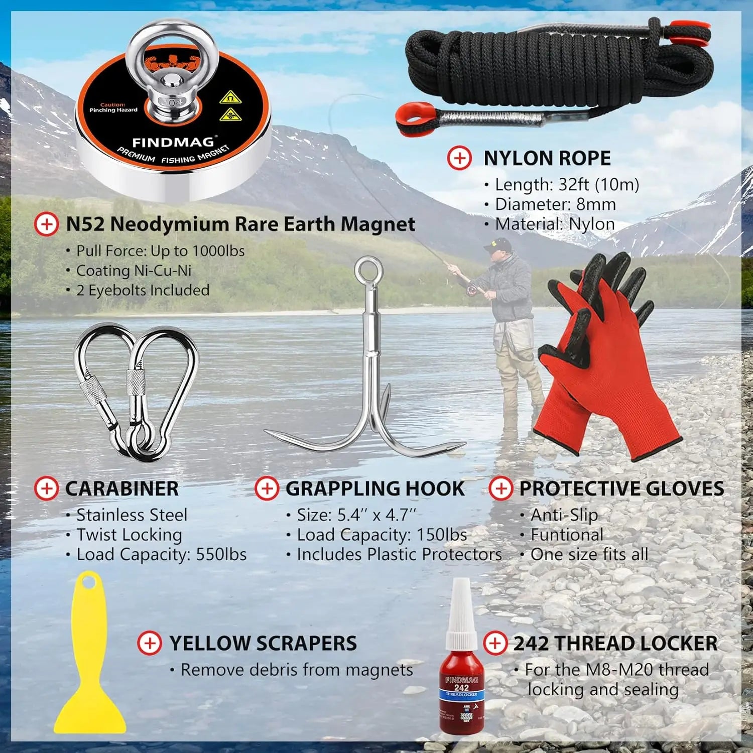 1000 LB Fishing Magnet Kit w/Waterproof Case, Rope & Accessories