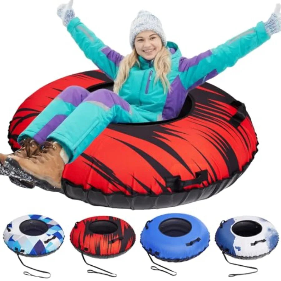 45'' Rubber Snow Tubes with Commercial Grade Canvas Cover for Kids & Adults, Inflatable Heavy Duty Snow Sled Thickened Hard Bottom.