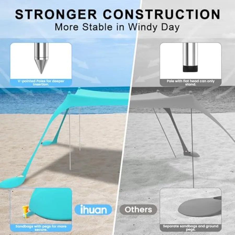 Beach Tent Sun Shelter 10X10FT UPF50+ w/4 Aluminum Foldable Poles, Easy Setup Outdoor Shade Canopy.