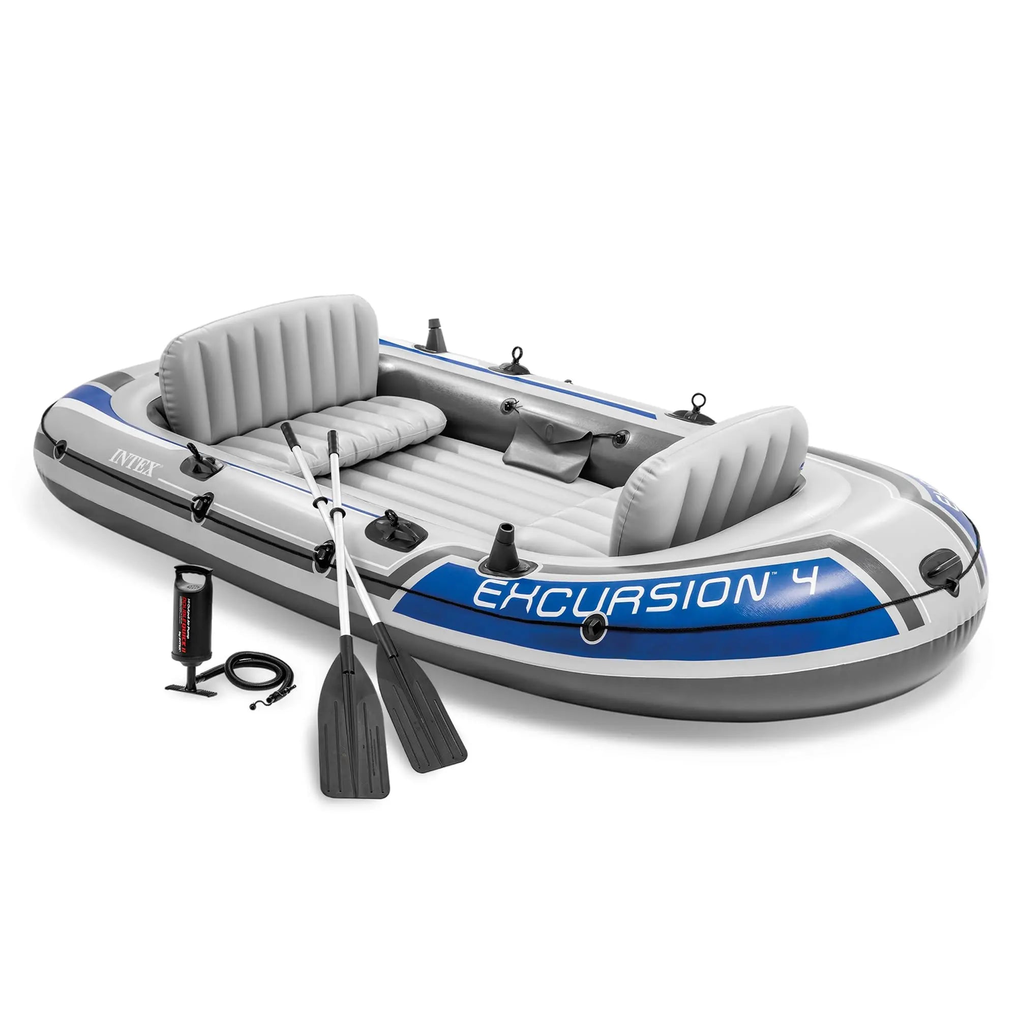 Intex 68324EP Excursion 4 Inflatable Boat Set: Includes Deluxe 54in Boat Oars and High-Output Pump – Adjustable Seats