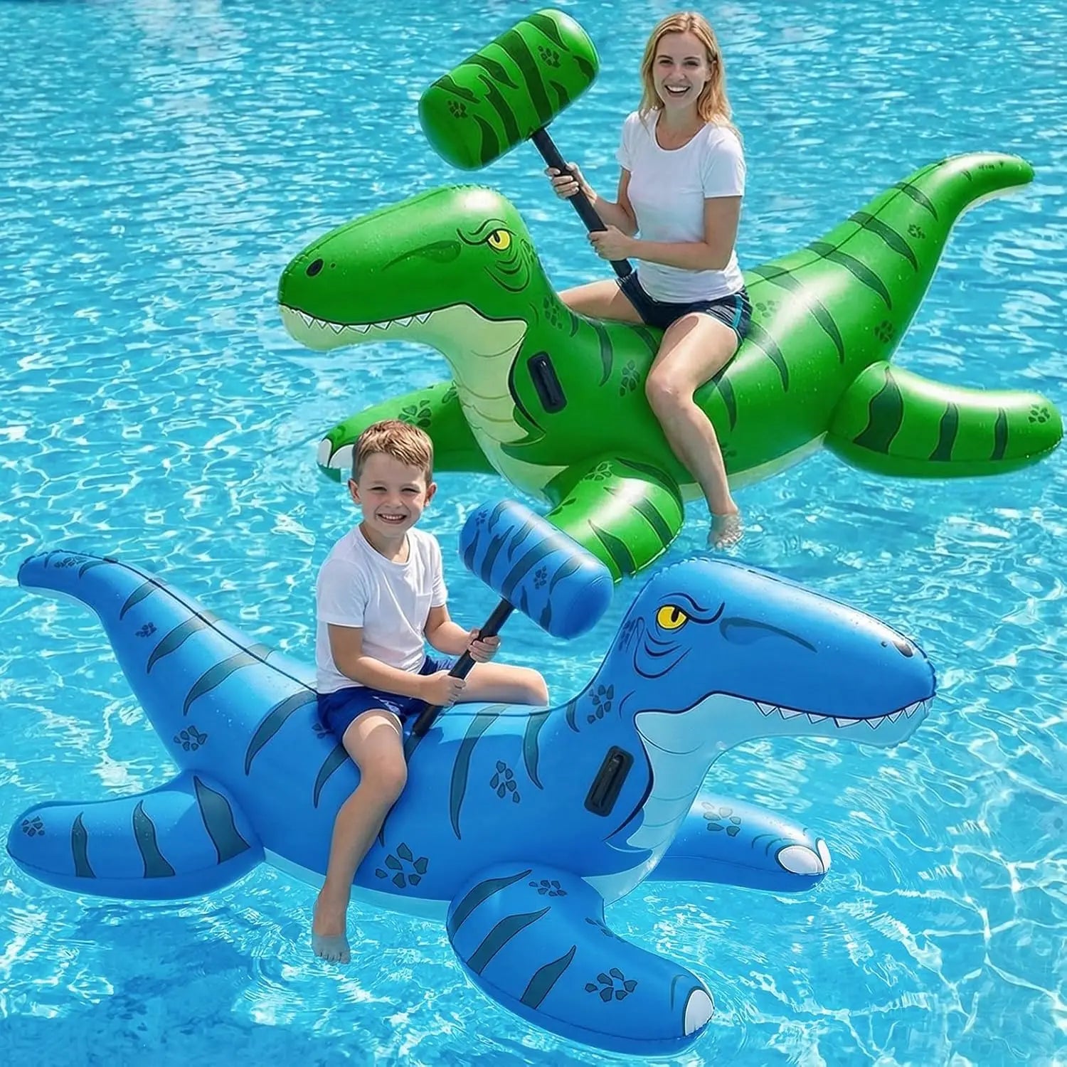 Pool Games Toys Floats -2Pack Inflatable Dinosaur Pool Floats with Blow Up Toy Hammers Ride on Pool Floaties for Kids,, Teens, Adults Lounge Raft, Summer Lake Beach Party Decorations.