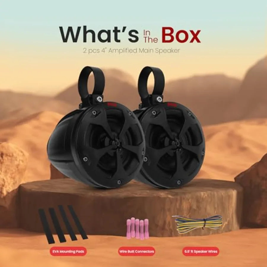 4 Off-Road Bluetooth/Waterproof Speakers with 800W Peak Power Amplified Speaker System Designed for ATV, UTV, Golf Cart, Boat and RV.
