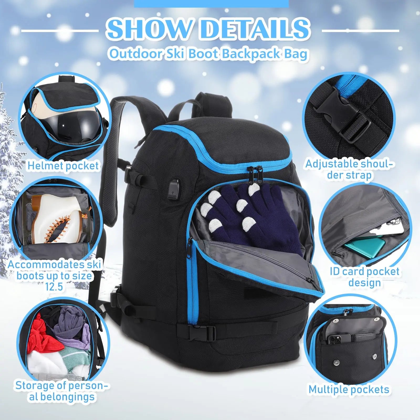 20-35L Ski Bag Waterproof Snowboard Boot Backpack Travel Luggage Gear Pack for Helmet Goggles Jacket Gloves Ski Backpack