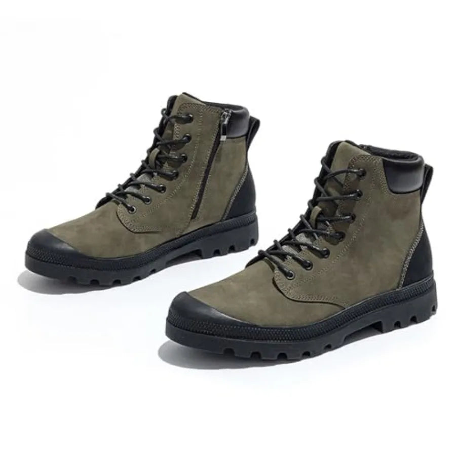 Men's Hiking Boots Rugged Leather, Combat Style Lace Up w/Side Zipper, Durable Outsole for Outdoor Trekking and Trail.