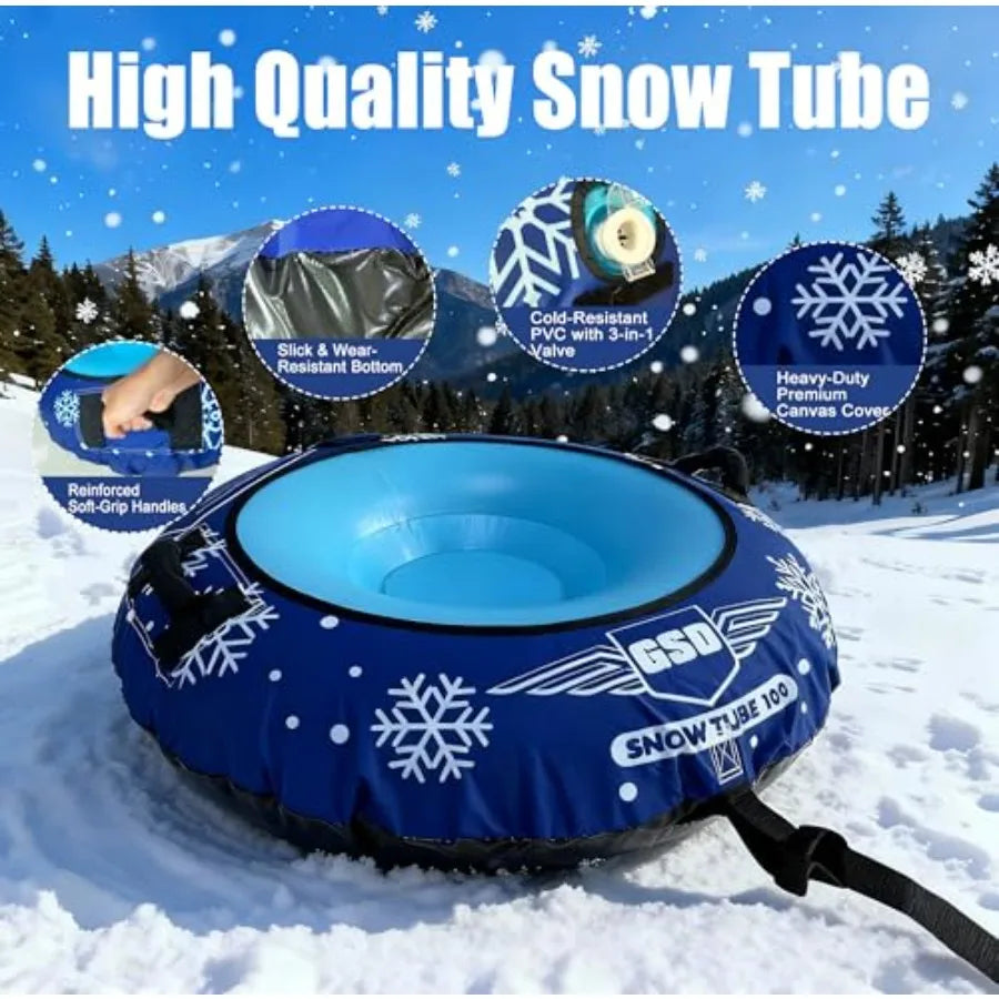 44in Heavy-Duty Inflatable Snow Tube for Adults & Kids, Winter Snow Sled with Premium Canvas Cover, Smooth Bottom, Cold-Resistant.