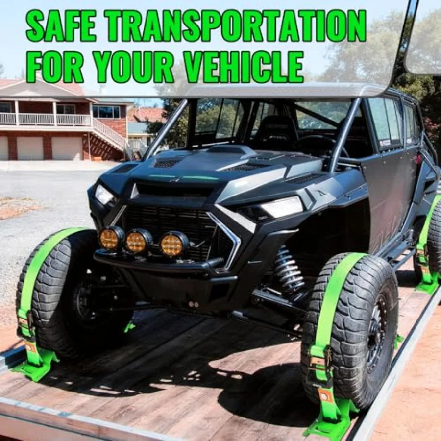 Wheel Chock Tie Down Straps Kit for Trailers, E-Track, Heavy-Duty Wheel Tie-Down Set for Lawn UTV ATV's SUV Mowers and Tractors.