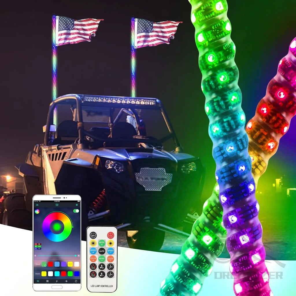 3FT LED Whip Light With App Remote Control, Spiral RGB Chasing Music Whip Light for UTV ATV RZR Can-Am SXS Polaris Offroad Truck