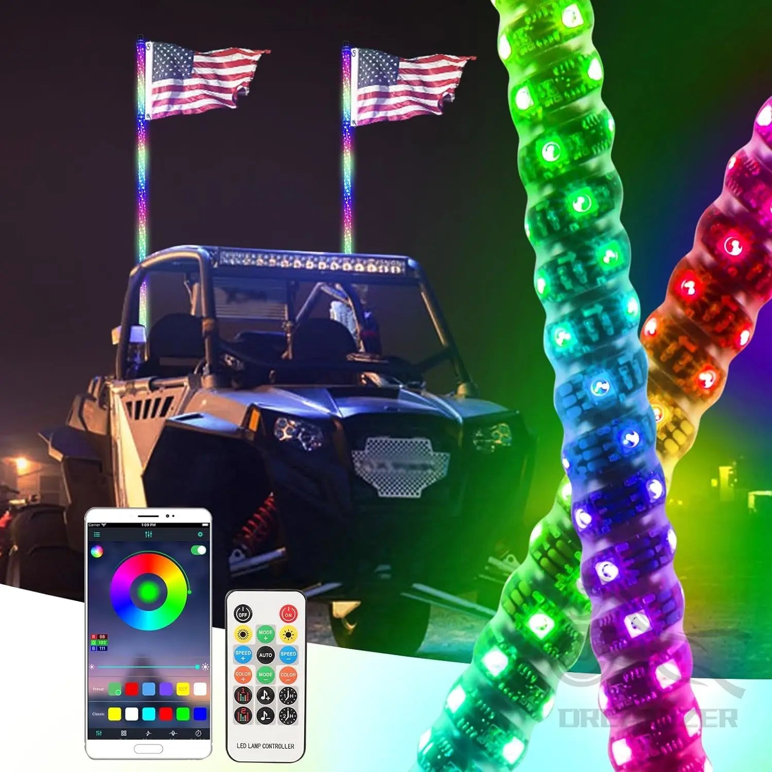 3FT LED Whip Light With App Remote Control, Spiral RGB Chasing Music Whip Light for UTV ATV RZR Can-Am SXS Polaris Offroad Truck