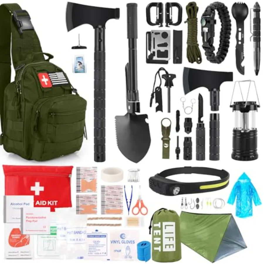 Survival Kit 268 Pcs Emergency Survival Gear and Equipment Supplies with First Aid Kit Hiking, Camping, Axe, Headlamp with Crossbody Bag.