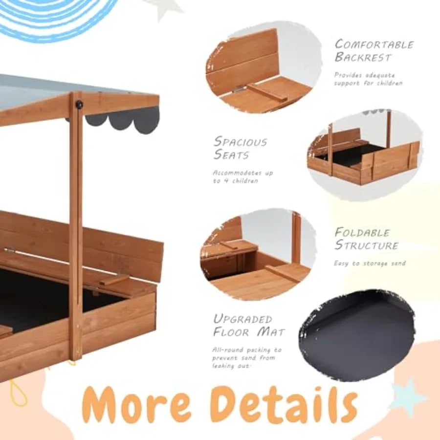 Outdoor wooden sandbox with lid for kids ages 2-8 natural wood finish UV-resistant adjustable roof foldable benches bottom line