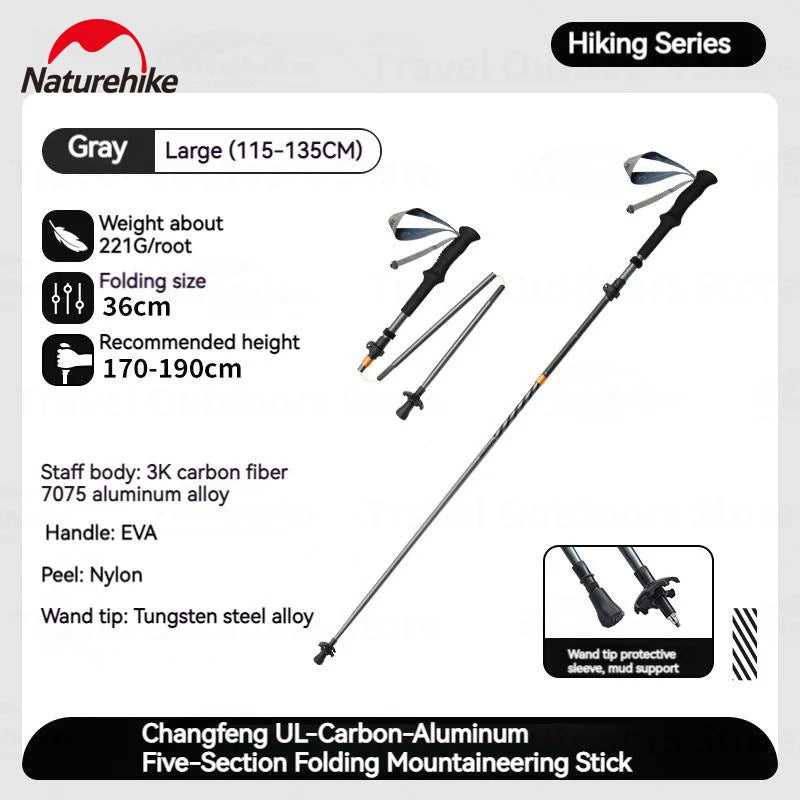 Nature Hike Outdoor Climbing Pole 5-Section Carbon Fiber Aluminum Alloy Ultralight Trekking Sticks Walking Stick Camping Supplies