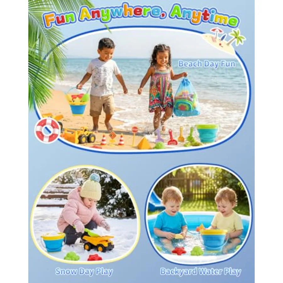 30PCS Beach Toys for Ages 3-10, All-in-One Sand Toy Set with 2 Collapsible Buckets, Mesh Bag for Easy Packing, Trucks, Sea Anim