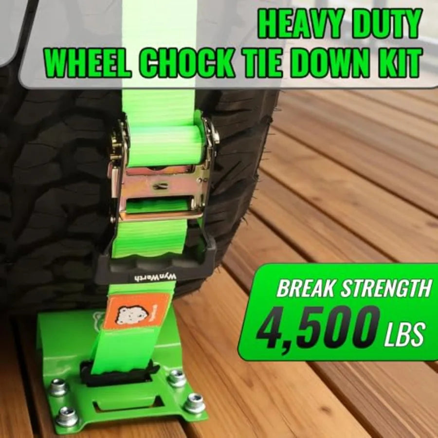 Wheel Chock Tie Down Straps Kit for Trailers, E-Track, Heavy-Duty Wheel Tie-Down Set for Lawn UTV ATV's SUV Mowers and Tractors.