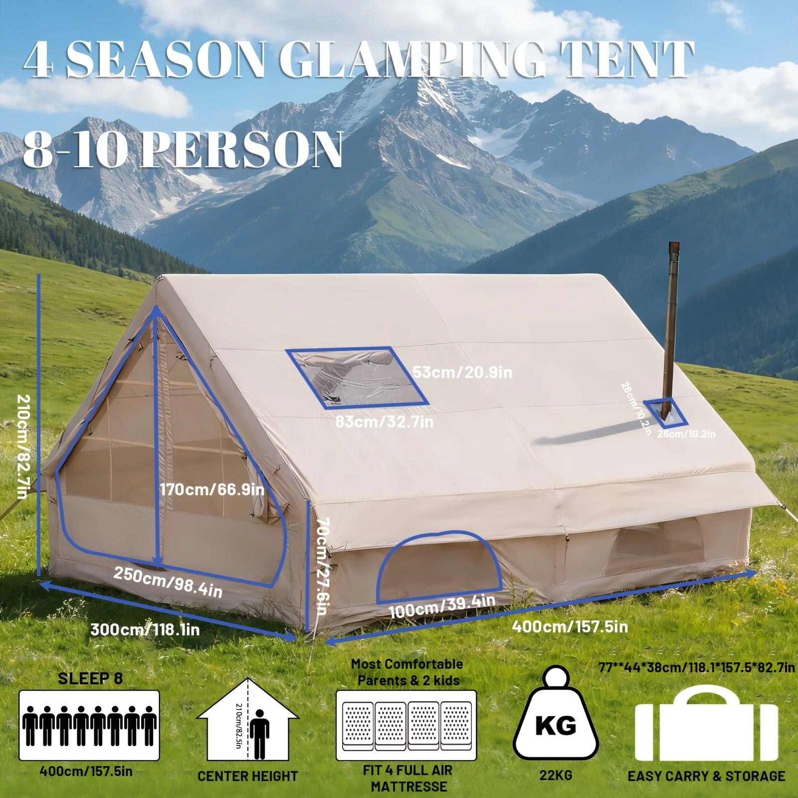 Large Inflatable Camping Tent w/Skylight, Mesh Design, Summer Glamping Tent