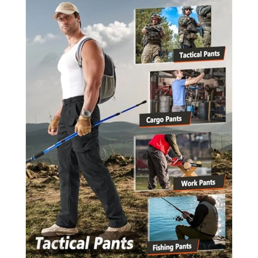 Men's Stretch Tactical Pants, Ripstop Cargo Pants, Outdoor Lightweight EDC Hiking Work Pants with 10 Pockets.