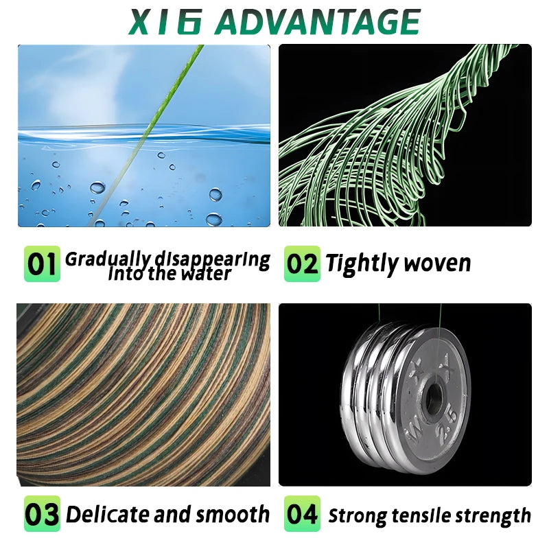 Fishing Line X16 Strands, Braided PE Line 300/500M, Smooth Multifilament Line, Carp Fly Fishing Wire Strong 16X Weave