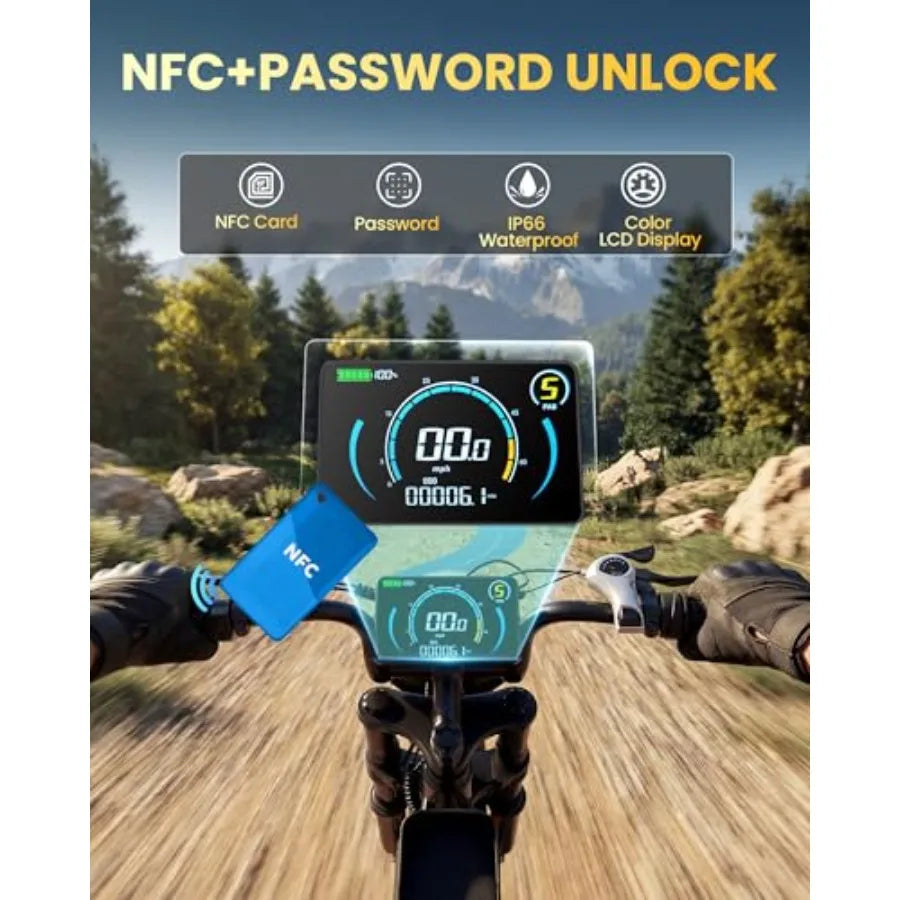 Electric bike for adults: 1500/2000W peak 33/40MPH 60/80 miles range NFC password unlock 48V 15/25Ah removable UL 2849 battery