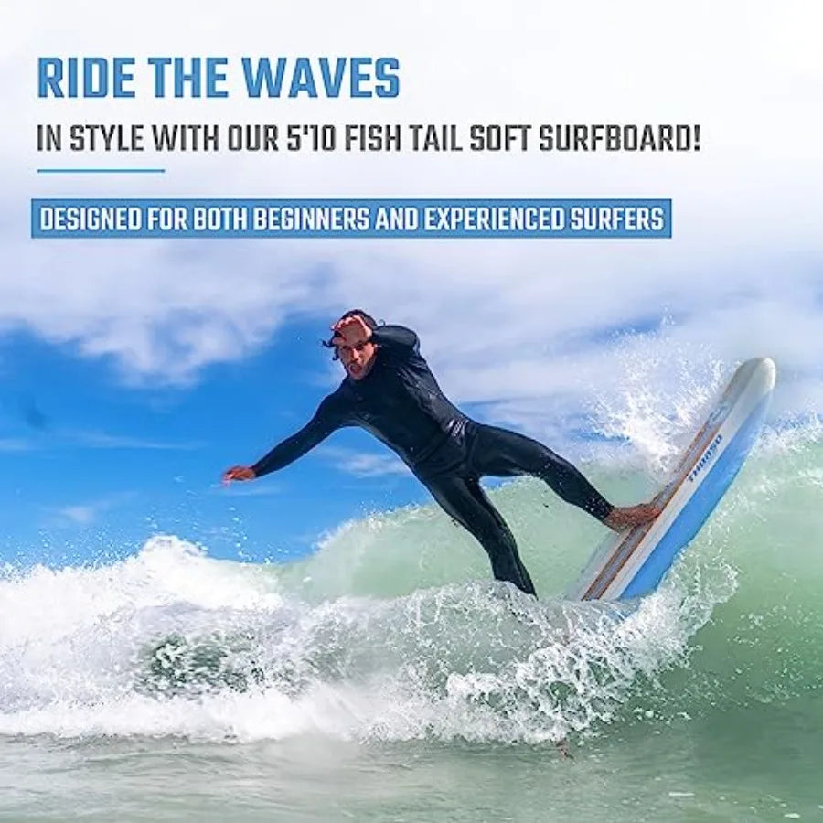 5'10'' Soft Top Foam Surfboard Fish Surf board for and Adults Includes Twin Fins Double Swivel Leash EPS Core IXPE Deck