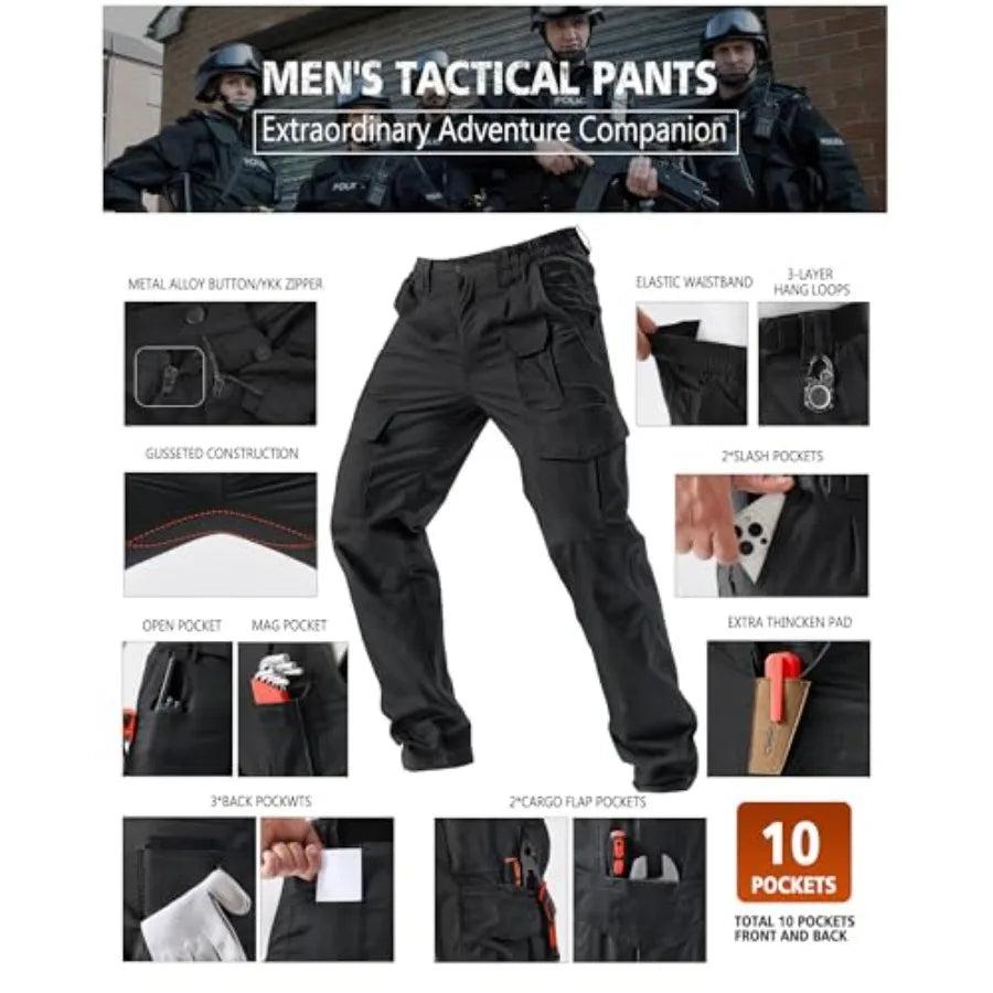 Men's Stretch Tactical Pants, Ripstop Cargo Pants, Outdoor Lightweight EDC Hiking Work Pants with 10 Pockets.