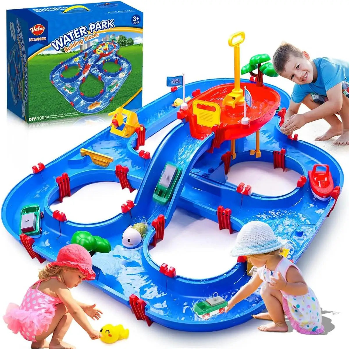 Summer Outdoor Kids Water Table 2-Tier Toddlers Water Table Playset Pool Waterway Toy with Pump Outside Activity Kids Fun