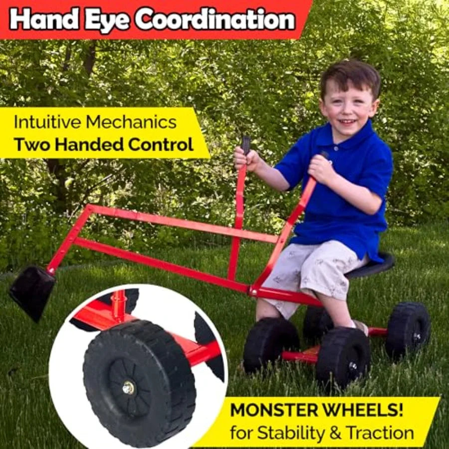 Beach and sandbox digging toy for kids: metal sand digger with 360 rotation ride-on excavator backhoe in yellow durable outdoor