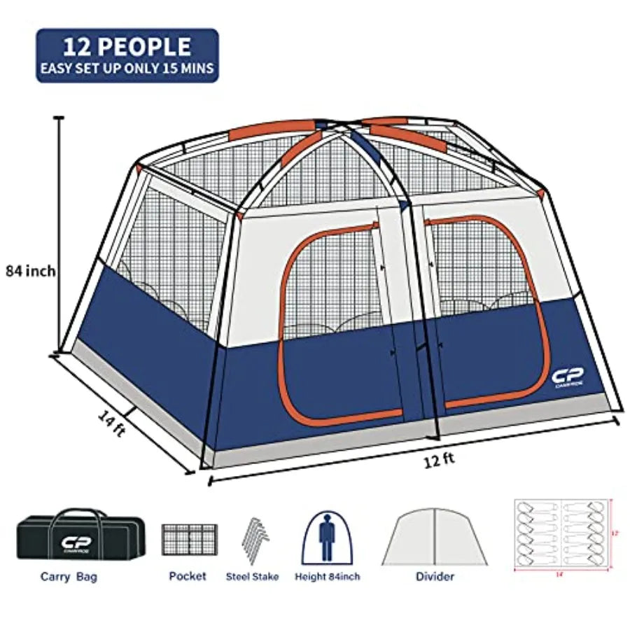 12 Person Cabin Tent 2 Room Extra Large Straight Wall Camping Tents Waterproof Windproof with Top Rainfly 6 Large Mesh Windows