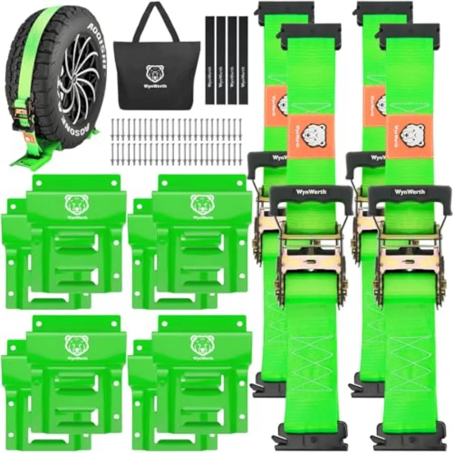 Wheel Chock Tie Down Straps Kit for Trailers, E-Track, Heavy-Duty Wheel Tie-Down Set for Lawn UTV ATV's SUV Mowers and Tractors.