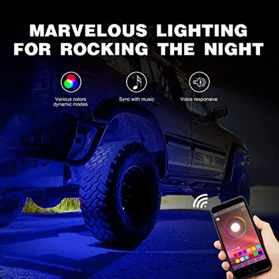 RGB LED Rock Lights Kit with 4 Pods for Truck,  ATV/UTV, RZR or SUV Under Glow Multicolor Neon Light Pod Featuring Bluetooth App Control.