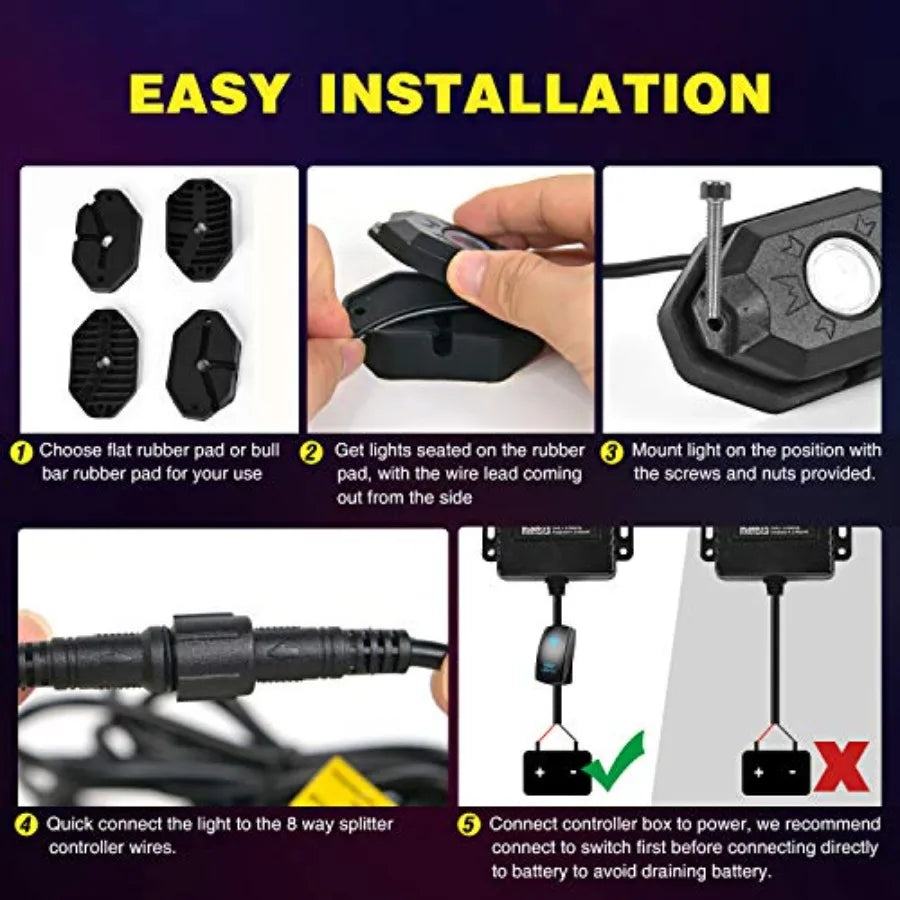 RGB LED Rock Lights Kit with 4 Pods for Truck,  ATV/UTV, RZR or SUV Under Glow Multicolor Neon Light Pod Featuring Bluetooth App Control.