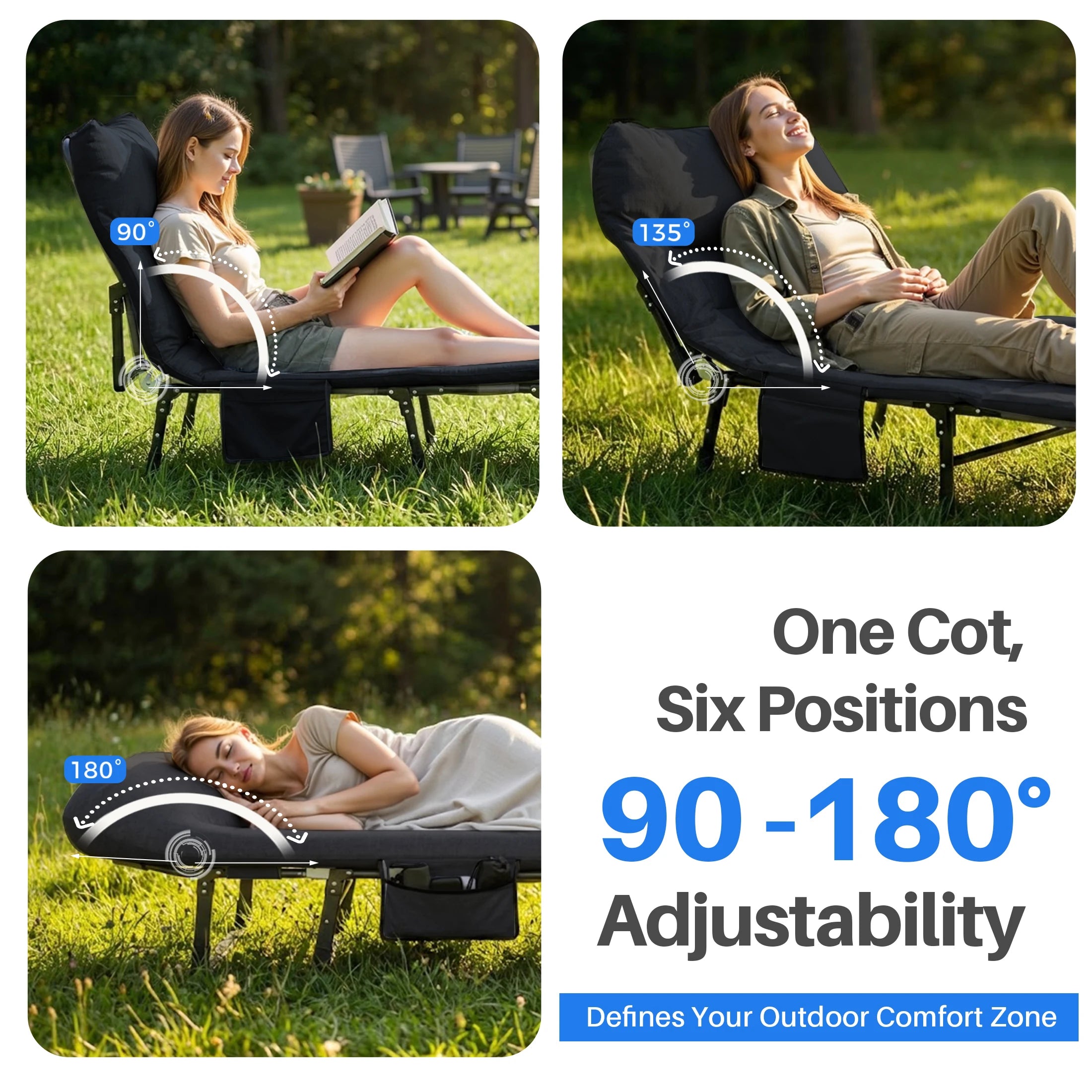 Folding Camping Makeshift Bed with Mattress Lightweight Adjustable Camping Bed Supports 450 lbs Camping Cot with Carry Bag 6 Angle Camping Bed for Camp Outdoor