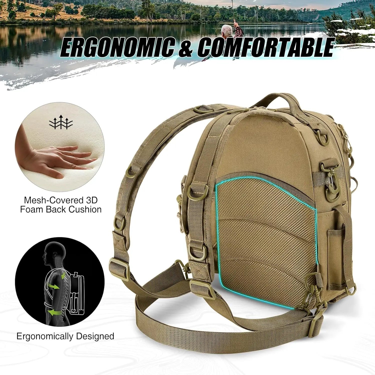 Fishing/Tackle Backpack w/Rod & Gear Holder, Lightweight, Water-Resistant