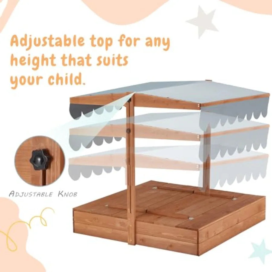 Outdoor wooden sandbox with lid for kids ages 2-8 natural wood finish UV-resistant adjustable roof foldable benches bottom line