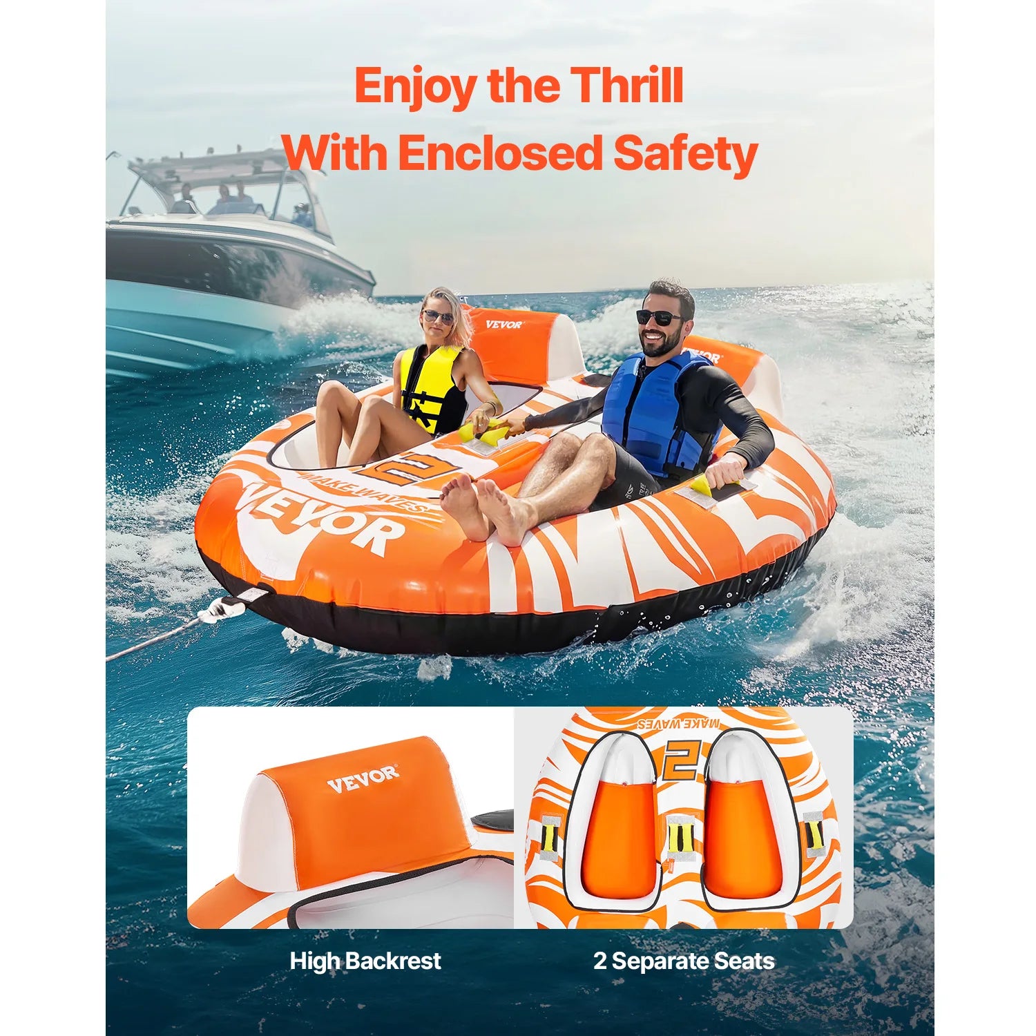 2 Person Towable Inflatable Boat Tube, 340lbs Water Sport Tube, Pull-with 840D Full Nylon Rope