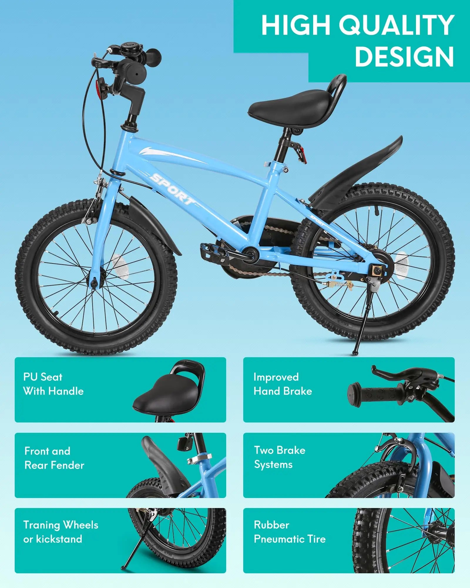 16 Inch Kids Bike w/Training Wheels & Kickstand, Children's Bike Dual Handbrake Adjustable Handlebar & Saddle