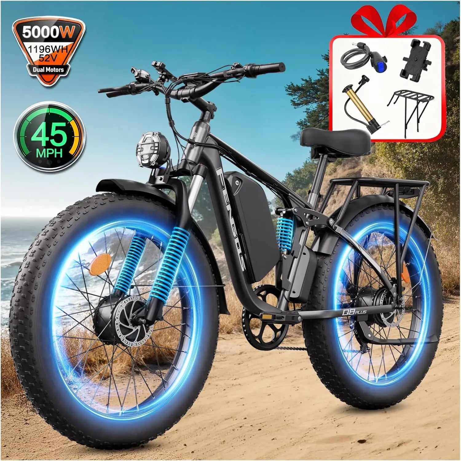 Q8 PLUS 52V 5000W Adult Electric Bicycle, 45MPH Dual Motor E-Bike 100 mile Full Suspension 26 inch Fat Tires Off-Road