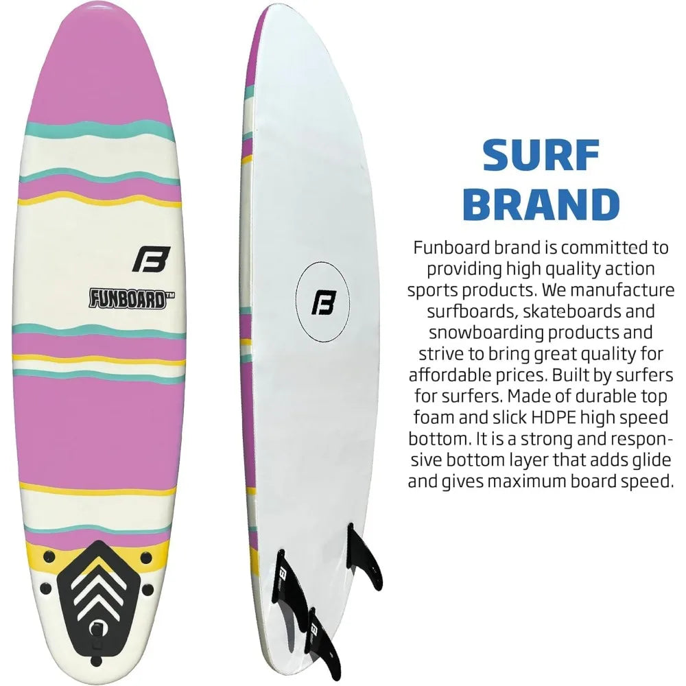 6’ FUNBOARD Surfboard Softboard Foam - Include (3) Fins 6’ Foot Leash and (2) Wood Stringers - Kids